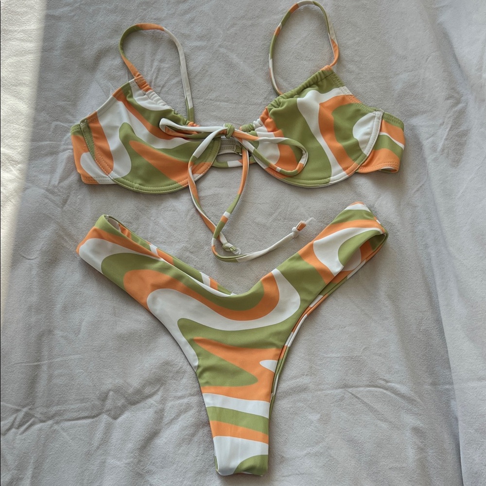 Aurelle Green and Orange Swirl Bikini Set